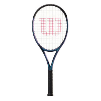 Blue matte tennis racquet with black top, white strings with red logo and black grip. Wilson Ultra 100L v4.0.