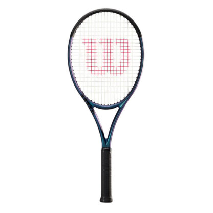 Blue matte tennis racquet with black top, white strings with red logo and black grip. Wilson Ultra 100L v4.0.
