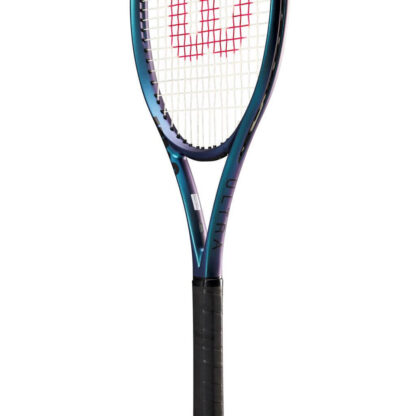 close up of throat of blue matte tennis racquet with black top, white strings with red logo and black grip. Wilson Ultra 100L v4.0. Ultra in black writing on the side.