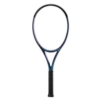 Blue matte tennis racquet with black top and black grip. Wilson Ultra 100L v4.0.