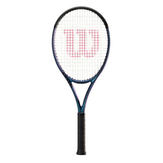 Blue matte tennis racquet with black top, white strings with red logo and black grip. Wilson Ultra 100UL v4.0.