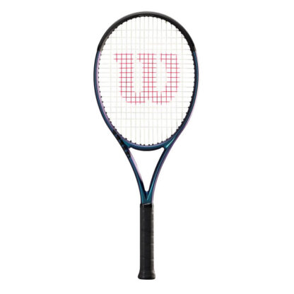 Blue matte tennis racquet with black top, white strings with red logo and black grip. Wilson Ultra 100UL v4.0.