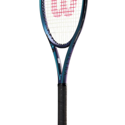 close up of throat of blue matte tennis racquet with black top, white strings with red logo and black grip. Wilson Ultra 100UL v4.0. Ultra in black writing on the side.