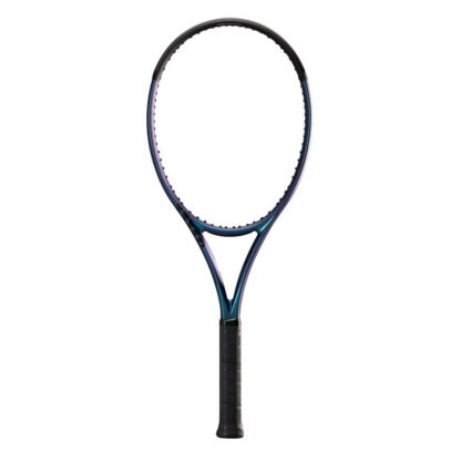 Blue matte tennis racquet with black top and black grip. Wilson Ultra 100UL v4.0.