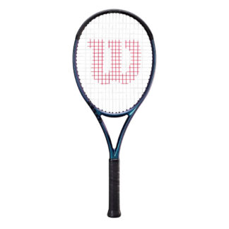 Blue matte tennis racquet with black top, white strings with red logo and black grip. Wilson Ultra 100 v4.0.