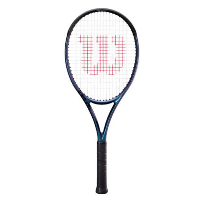 Blue matte tennis racquet with black top, white strings with red logo and black grip. Wilson Ultra 100 v4.0.