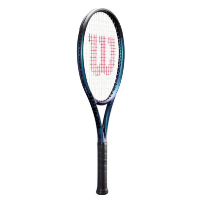 Side view of blue matte tennis racquet with black top, white strings with red logo and black grip. Wilson Ultra 100 v4.0. Wilson in black writing on the side.