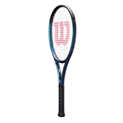 Side view of blue matte tennis racquet with black top, white strings with red logo and black grip. Wilson Ultra 100 v4.0. Ultra in black writing on the side.