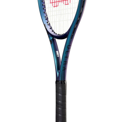 close up of throat of blue matte tennis racquet with black top, white strings with red logo and black grip. Wilson Ultra 100 v4.0. Ultra in black writing on the side.
