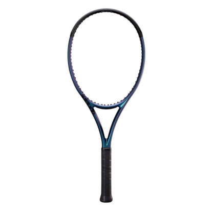 Blue matte tennis racquet with black top and black grip. Wilson Ultra 100 v4.0.