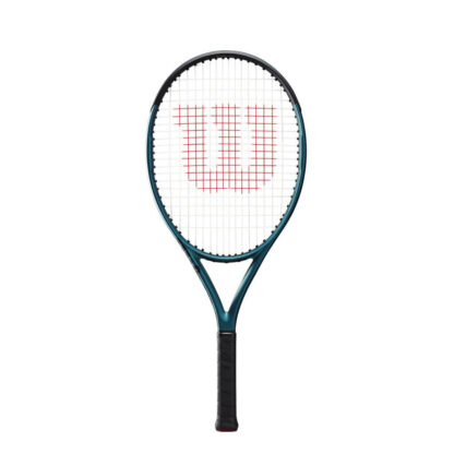 Blue matte tennis racquet with black top, white strings with red logo and black grip. Wilson Ultra 25 v4.0.