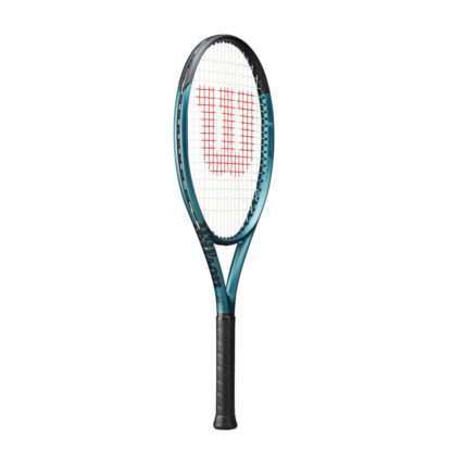 Side view of blue matte tennis racquet with black top, white strings with red logo and black grip. Wilson Ultra 26 v4.0. Wilson in black writing on the side.