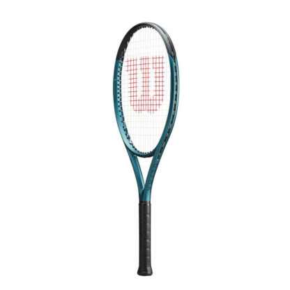 Side view of blue matte tennis racquet with black top, white strings with red logo and black grip. Wilson Ultra 26 v4.0. Ultra in black writing on the side.