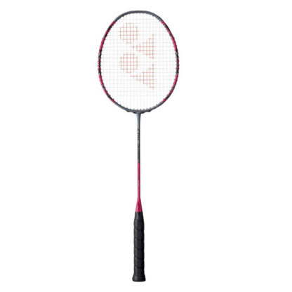 Greyish Pearl and red racquet from Yonex. White strings with red Yonex logo and black grip. Yonex ArcSaber 11 Pro.