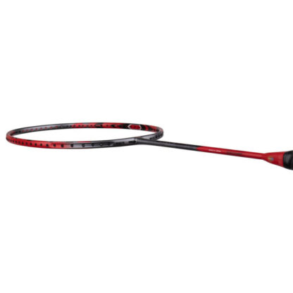 Side view of greyish Pearl and red racquet from Yonex. Black grip. Yonex ArcSaber 11 Pro.