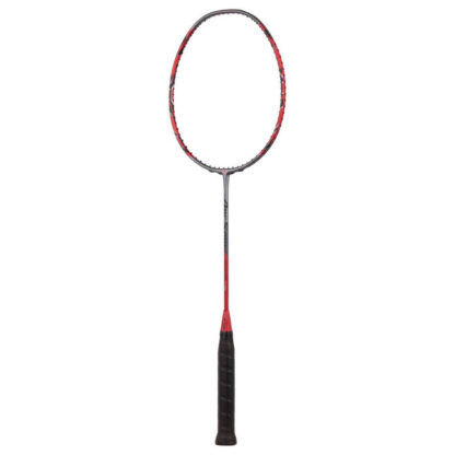 Side view of greyish Pearl and red racquet from Yonex. Black grip. Yonex ArcSaber 11 Pro.
