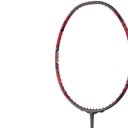 Side view of racquet head of greyish Pearl and red racquet from Yonex. Black grip. Yonex ArcSaber 11 Pro.