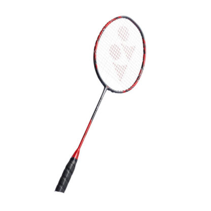 Side view of greyish Pearl and red racquet from Yonex. White strings with red Yonex logo and black grip. Yonex ArcSaber 11 Pro.