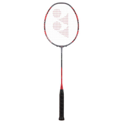 Greyish Pearl and red racquet from Yonex. White strings with red Yonex logo and black grip. Tour in white writing on the bottom left of the racquet head. Yonex ArcSaber 11 Tour.