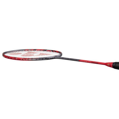Side view of greyish Pearl and red racquet from Yonex. White strings with red Yonex logo and black grip. Yonex ArcSaber 11 Tour.