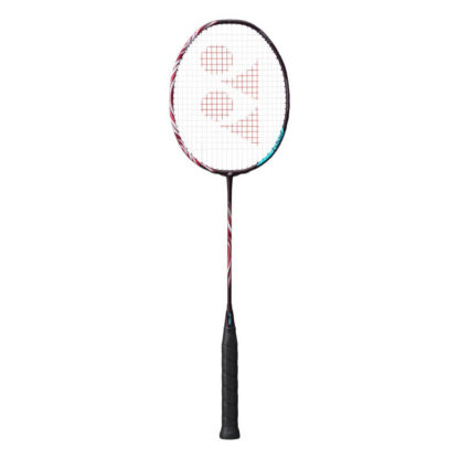 Red, white and cyan/turquoise badminton racquet from Yonex. White strings with red Yonex logo and black grip. Astrox 100 Tour written in red "glitter" writing on the cyan/turquoise part of the racquet. Yonex Astrox 100 Tour Kurenai.