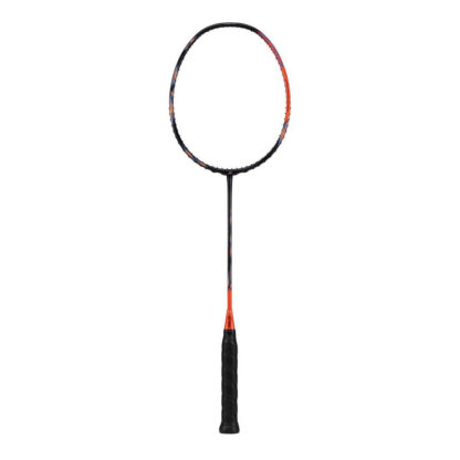 Black and orange badminton racquet with gold and blue/purple details from Yonex. Black grip. Yonex Astrox 77 Pro High Orange.