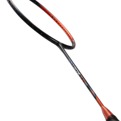 Side view of black and orange badminton racquet from Yonex. Astrox 77 Pro in white/silver, orange and blue writing on the side of the shaft. Black grip. Yonex Astrox 77 Pro High Orange.