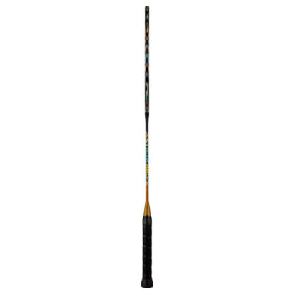 Side view of black and gold badminton racquet with turquoise details from Yonex. Astrox 88 D Play in gold, turquoise and white writing on the side of the shaft. White strings with red Yonex logo and black grip. Yonex Astrox 88 D Play in Camel Gold.