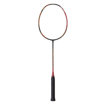 Black and red badminton racquet from Yonex. Play in silver writing in the top right of the racquet head. Black grip. Yonex Astrox 99 Play Cherry Sunburst.