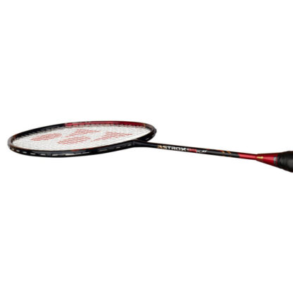 Side view of black and red badminton racquet from Yonex. Play in silver writing in the top right of the racquet head. Astrox 99 Play in silver and red writing on the side of the shaft. Black grip. Yonex Astrox 99 Play Cherry Sunburst.
