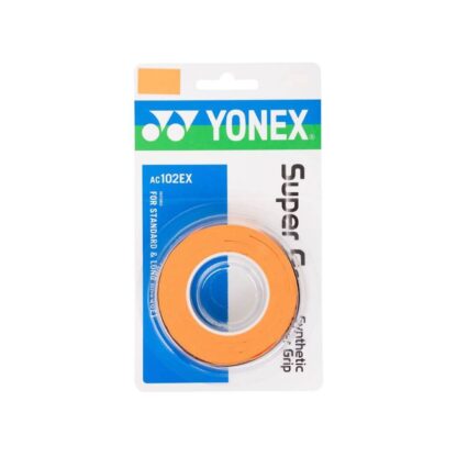 Pack with 3 Yonex Super Grap grips in orange colour.