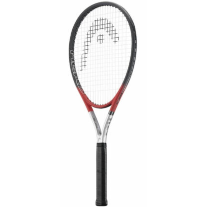 Side view of tennis racquet in silver red and black. Black head logo on white strings. TI. S2 on side of throat (model name) and HEAD in white writing inside racquet head. Black grip.