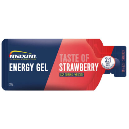 Blue and red packet of 33g of energy gel with strawberry taste from Maxim.