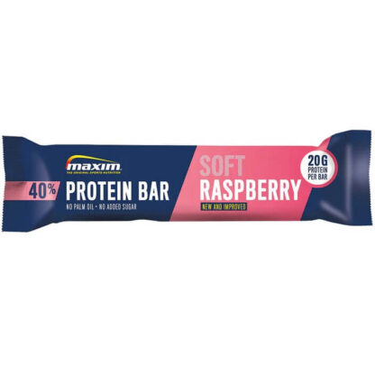 Blue and pink Maxim protein bar with a taste of soft raspberry.