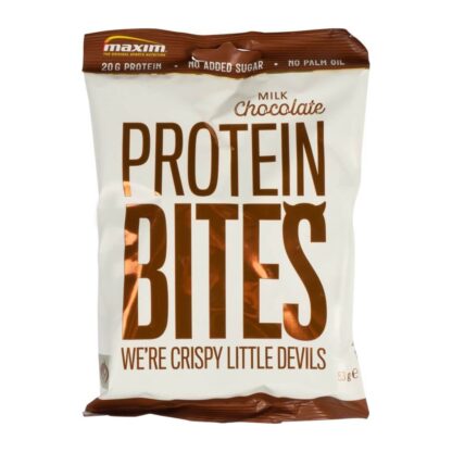 Brown and cream coloured bag of Protein Bites from Maxim. Bag of 53g of protein bites woth 20g og protein pr bag.