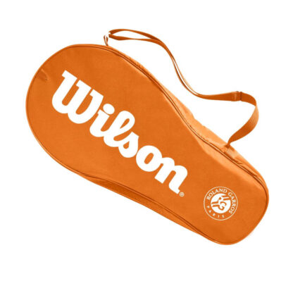 The bag of single racquet bag in orange from Wilson. Wilson and Roland Garros in white on the back.