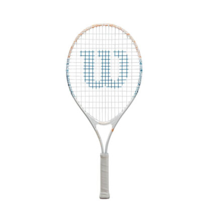 White 25" junior tennis racquet from Wilson with blue and orange details. White strings with blue Wilson logo and white grip.