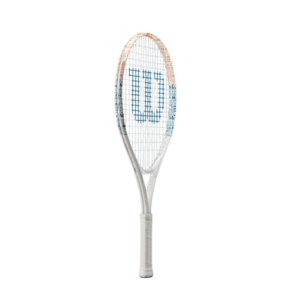 Side view of white 25" junior tennis racquet from Wilson with blue and orange details. White strings with blue Wilson logo and white grip.