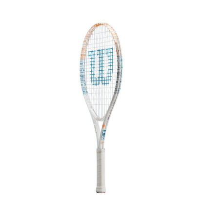 Side view of white 25" junior tennis racquet from Wilson with blue and orange details. White strings with blue Wilson logo and white grip.