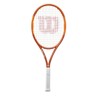 Orange tennis racquet with white grip. White Roland Garros logo at the bottom of the throat. Wilson Roland Garros Team 102.