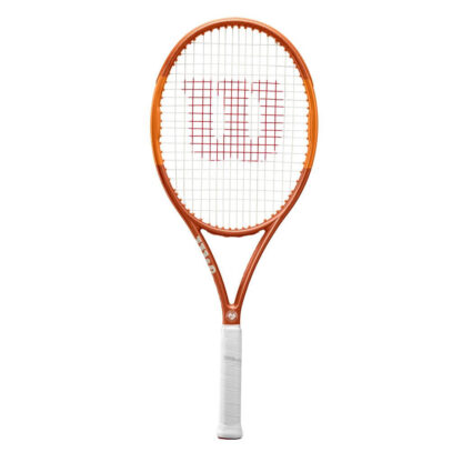 Orange tennis racquet with white grip. White Roland Garros logo at the bottom of the throat. Wilson Roland Garros Team 102.