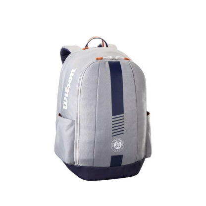 Grey backpack with blue and clay details. White Roland Garros logo. Wilson Roland Garros Team Backpack.