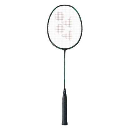 Black and green badminton racquet from Yonex. White strings with red Yonex logo and black grip. Yonex Astrox Nextage.