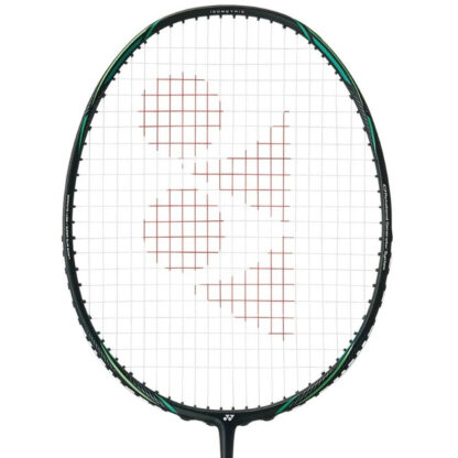 The head of black and green badminton racquet from Yonex. White strings with red Yonex logo. Yonex Astrox Nextage.