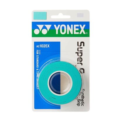 Pack with 3 Yonex Super Grap grips in turquoise colour.
