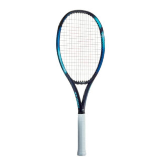 Blue, light blue and dark blue tennis racquet from Yonex. White strings with red Yonex logo and white grip. Yonex Ezone 100L.