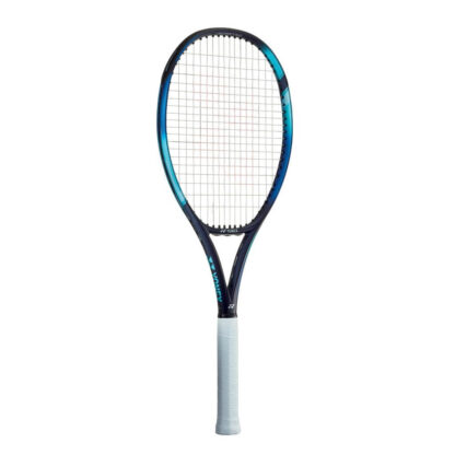 Blue, light blue and dark blue tennis racquet from Yonex. White strings with red Yonex logo and white grip. Yonex Ezone 100L.