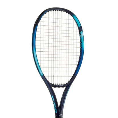 Close up of the head of blue, light blue and dark blue tennis racquet from Yonex. White strings with red Yonex logo. Yonex Ezone 100L.