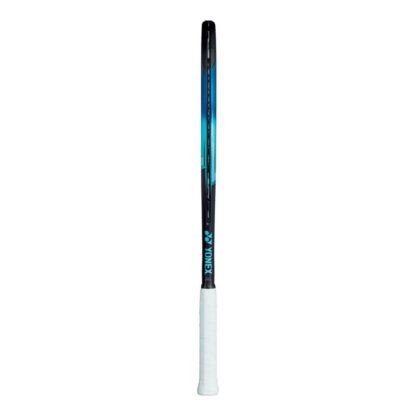 Side view of blue, light blue and dark blue tennis racquet from Yonex. White strings with red Yonex logo and white grip. Yonex in light blue writing with Yonex logo on the side of the racquet. Yonex Ezone 100L.