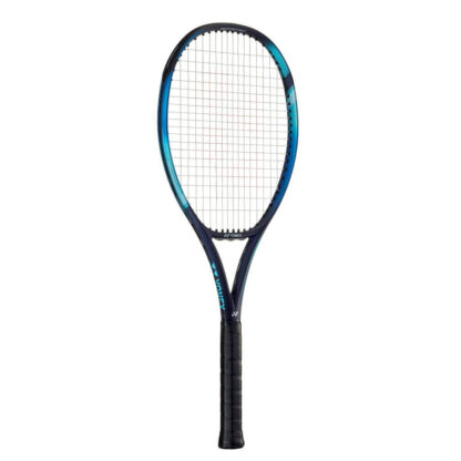 Blue, light blue and dark blue tennis racquet from Yonex. White strings with red Yonex logo and black grip. Yonex Ezone 100.